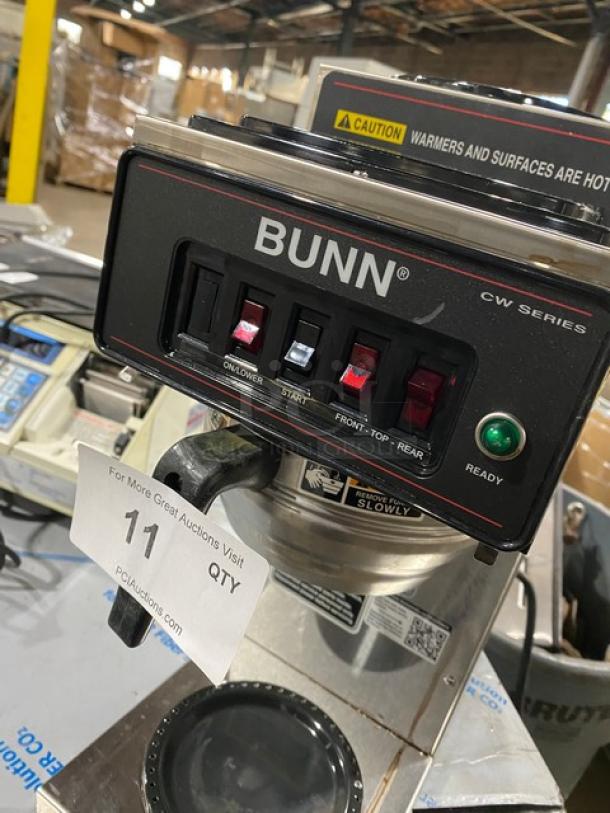 Bunn CW Series coffee machine with dual upper warmers, stainless brew basket, CWT35 model, 120V, automatic brewing.