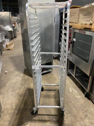Channel Commercial Aluminum 20-Pan End-Load Bun Rack, Model 401AC, on casters, used condition, industrial setting.