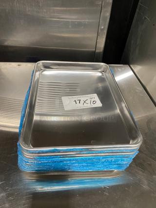 NEW Choice Baker's Mark aluminum 1/4-size sheet pan, Model 407BUNQRTR, stacked, with wire in rim, pristine condition.