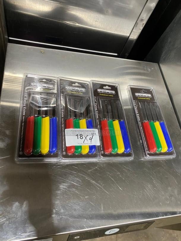 NEW Montana Knife 3-1/4" paring knives, stainless steel, model 7401, with multi-colored grip handles, in packaging.