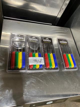 NEW Montana Knife 3-1/4" paring knives, stainless steel, model 7401, with multi-colored grip handles, in packaging.