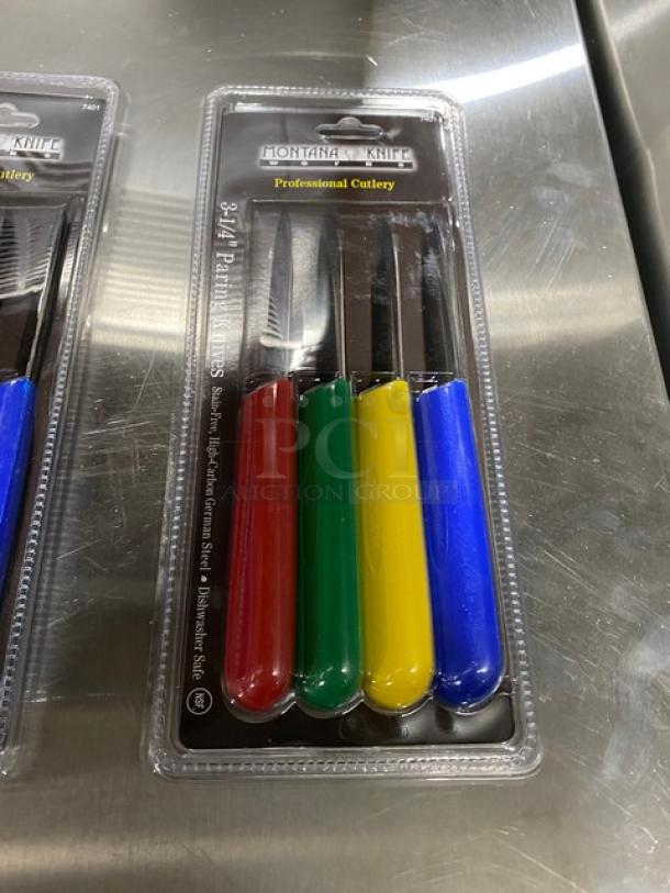 Montana Knife Model 7401, 3-1/4" paring knives with multi-colored handles, stainless steel, new in packaging.
