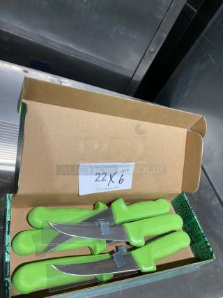 NEW Dexter Russell Sani-Safe stainless steel boning knives, narrow curved blade, green handle, box of six, commercial-grade.