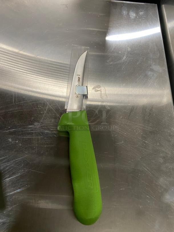 Dexter Russell Sani-Safe narrow curved boning knife with green grip handle, stainless steel blade, new condition.
