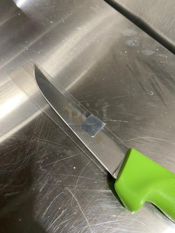 Dexter Russell Sani-Safe narrow curved boning knife, stainless steel blade, green grip handle, new condition.