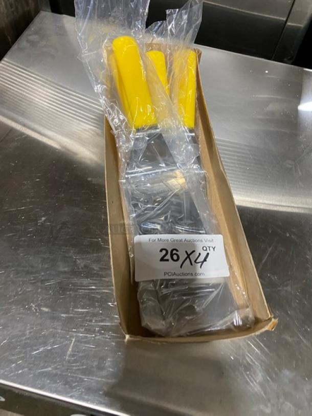 Dexter Russell stainless steel turner, 8"x3", model 31989Y, yellow grip, new in packaging, set of four.