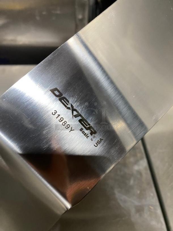 Dexter Russell 8"x3" Stainless Steel Turner, Model 31989Y, new condition, yellow grip handle, marked "Dexter Basic."