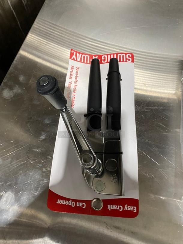 Focus Food Service Swing-A-Way can opener, Model 6090, with long black grip handle, new condition in packaging.