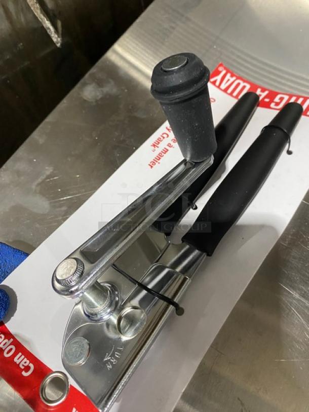 Focus Food Service Swing-A-Way Crank Can Opener, Model 6090, new condition. Extra long black grip handle.