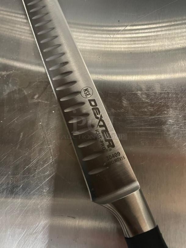 Dexter Russell I-Cut Pro 12" Slicing Knife, Model 30409, stainless steel with duo-edge and black grip handle. New condition.