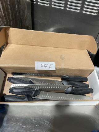 Dexter Russell DuoGlide stainless steel slicing knives in box, black grip handles, commercial grade, new condition.