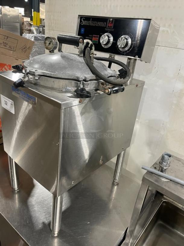 Broaster Smokaroma Series commercial stainless steel electric pressure smoker on legs, knobs visible, used condition.