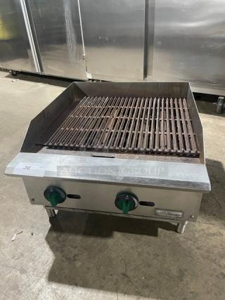 Supera commercial stainless steel natural gas char broiler with grooved grates, back & side splash, and legs.