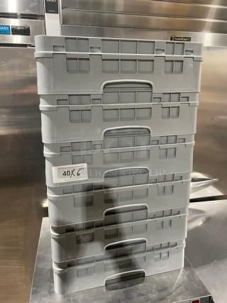 Cambro Commercial Gray Half-Size Base Rack with 10-Compartment Glass Rack Extender, Model HBR258, stack of five.