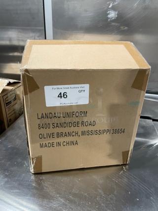 Landau Uniforms box containing new 10" round chef hats, labeled with brand details and Made in China text.