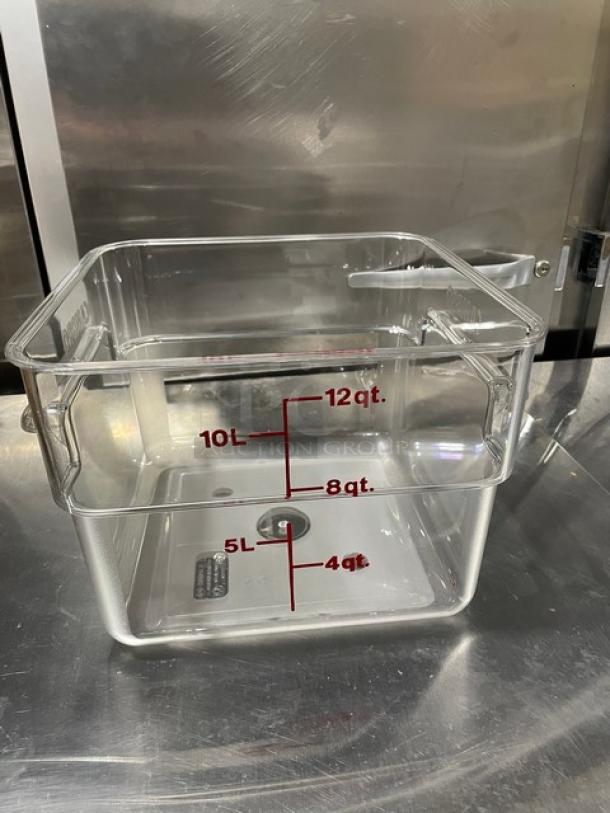 Brand new Cambro CamSquare 12 Qt. clear polycarbonate food storage container, model 12SFSCW135, with measurement markings.