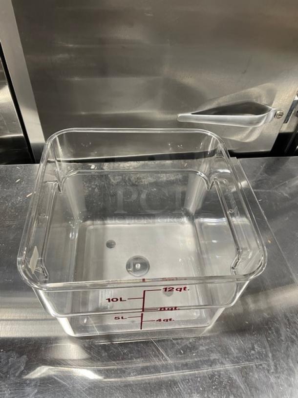 Brand new Cambro CamSquare 12 Qt. clear polycarbonate food storage container, model 12SFSCW135, with measurement markings.