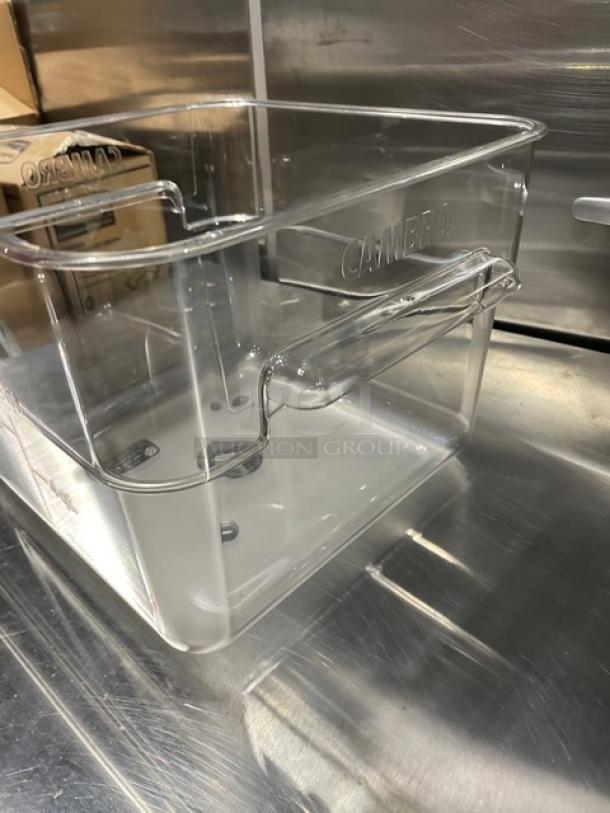 Brand new Cambro CamSquare 12 Qt. clear polycarbonate food storage container, model 12SFSCW135, with embossed logo.