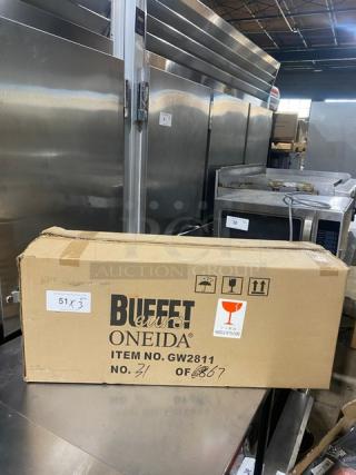 Brand new Oneida Buffet Euro Series glassware, model GW2811, in original packaging. Box marked fragile and up direction.