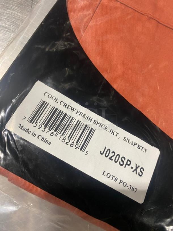 Chef Revival J020SP-XS spice jacket in red, XS size, snap button closure, new with tags, label shows barcode and "Made in China".