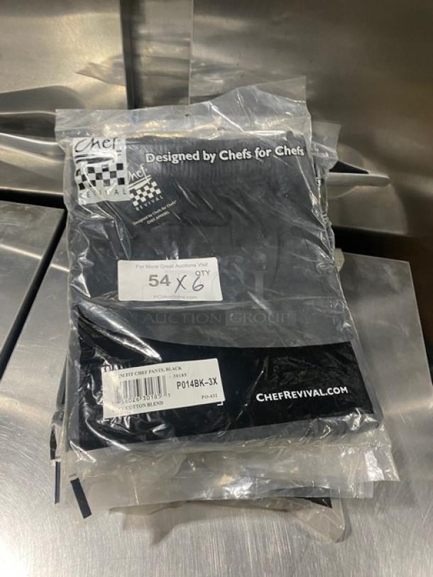 Brand new Chef Revival slim fit bar/chef pants, model P014BK-3X, black poly/cotton blend, 3X-size, in packaging.