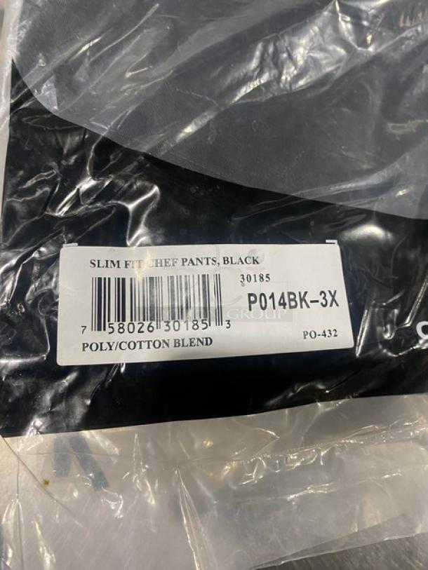 Brand new Chef Revival black slim fit bar/chef pants, model P014BK-3X, poly/cotton blend, size 3X, in original packaging.