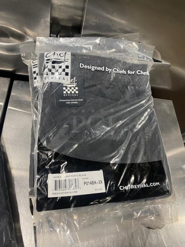 Chef Revival black poly/cotton blend 3X-size slim fit bar/chef pants, model P014BK-3X, in original packaging.
