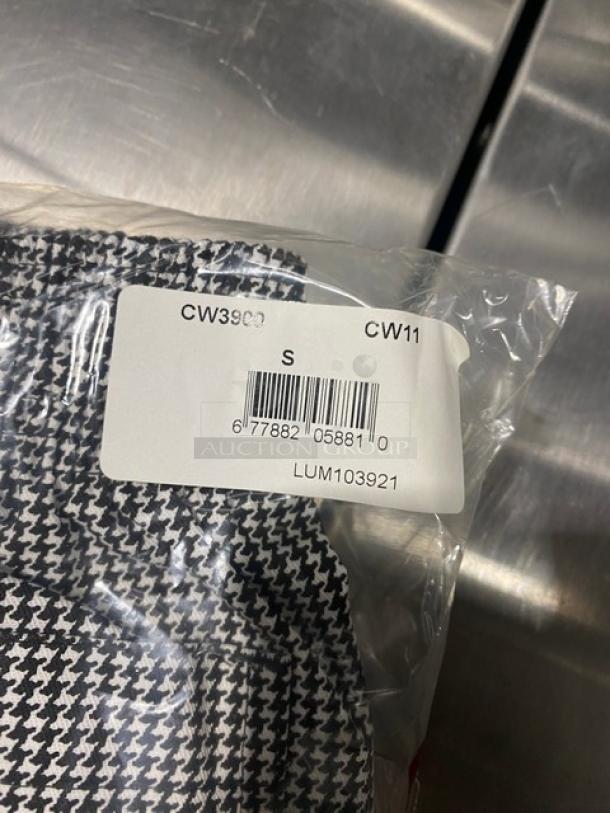 Brand new Chefwear CW3900 small-size chef pants, black & white pattern, in original packaging with label indicating size and model.