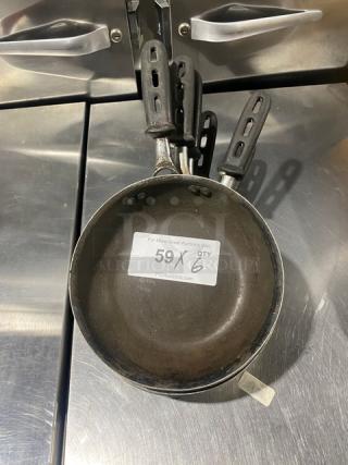 Commercial round fry pan with black grip handle, used condition. Lot of 6. Label reads "59 X 6, PCLAuctions.com".