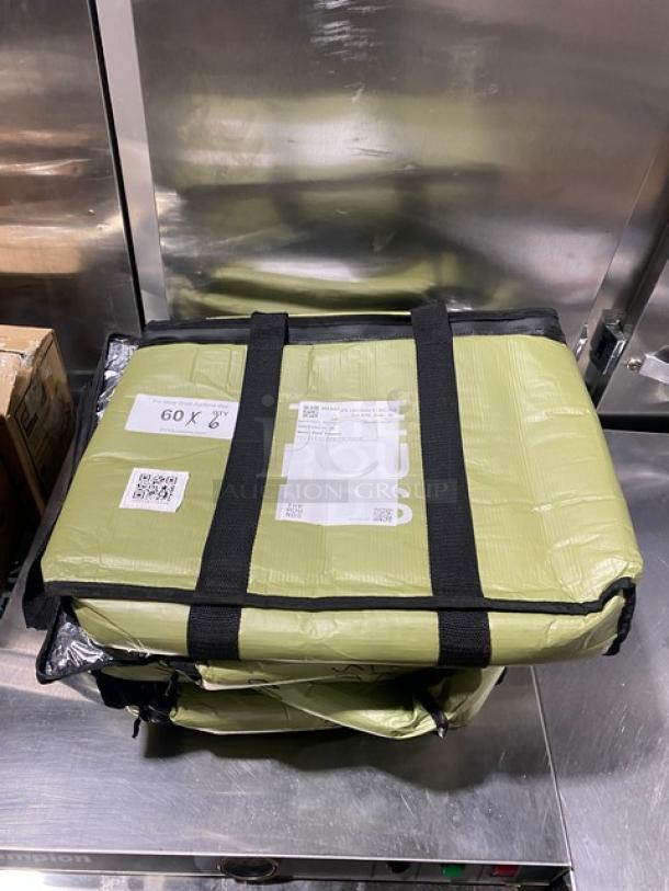 NEW green insulated commercial meal delivery bag, labeled "The Rounds," features durable straps and pristine condition.