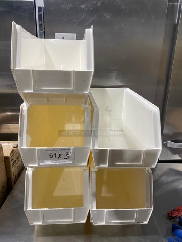 Uline S-14454 white stackable bins, set of six, commercial-grade, excellent condition, suitable for efficient storage.