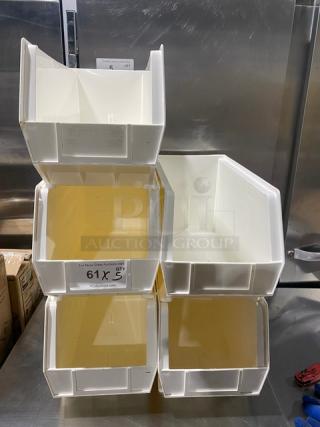 Uline S-14454 white stackable bins, set of six, commercial-grade, excellent condition, suitable for efficient storage.
