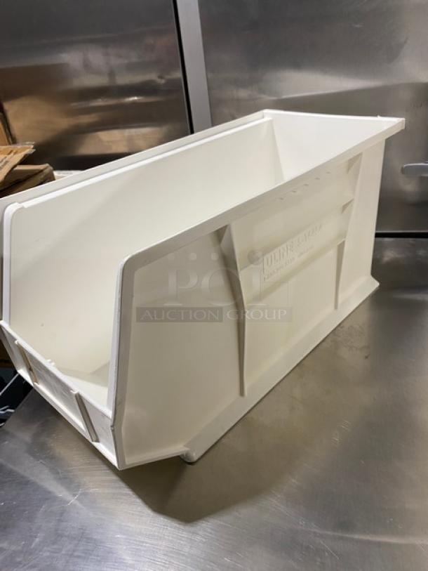 Uline Commercial White Stackable Bin, Model S-14454, in good condition, showing brand marking on the side.
