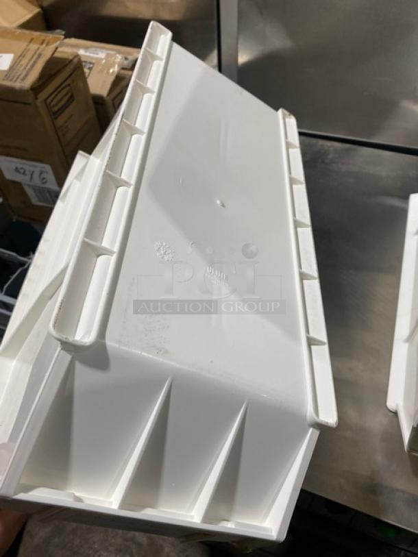 Uline Commercial White Stackable Bin Model S-14454, showcasing sturdy plastic construction and stackable design.
