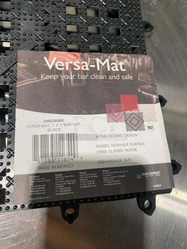 San Jamar VM5280BK black interlocking bar mat. New condition, 1'x1', non-slip, dishwasher safe, made in Mexico.