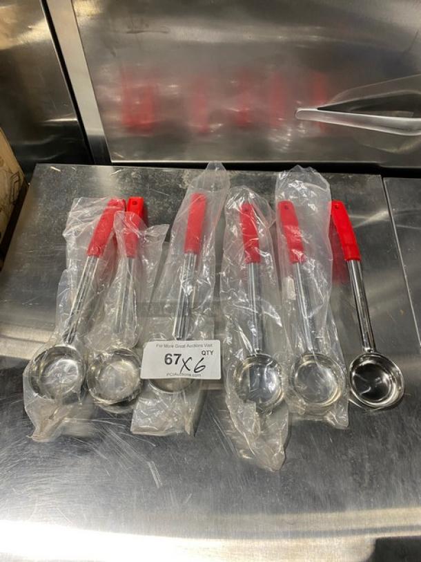 NEW ABC PPG2S Stainless Steel 2 Oz Portion Serving Spoons with Red Grip Handles, Set of 6, in Original Packaging.