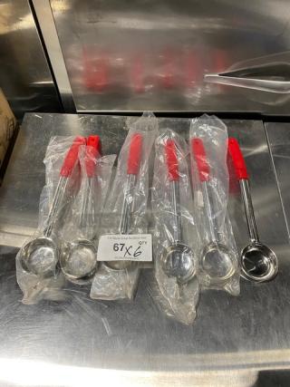 NEW ABC PPG2S Stainless Steel 2 Oz Portion Serving Spoons with Red Grip Handles, Set of 6, in Original Packaging.
