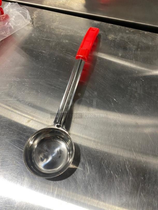 ABC Commercial Stainless Steel 2 Oz. Portion Spoon, Model PPG2S, new condition, with red grip handle.