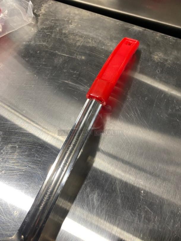 ABC Commercial 2 Oz. Stainless Steel Serving Spoon, Model PPG2S, with a red grip handle. New condition.