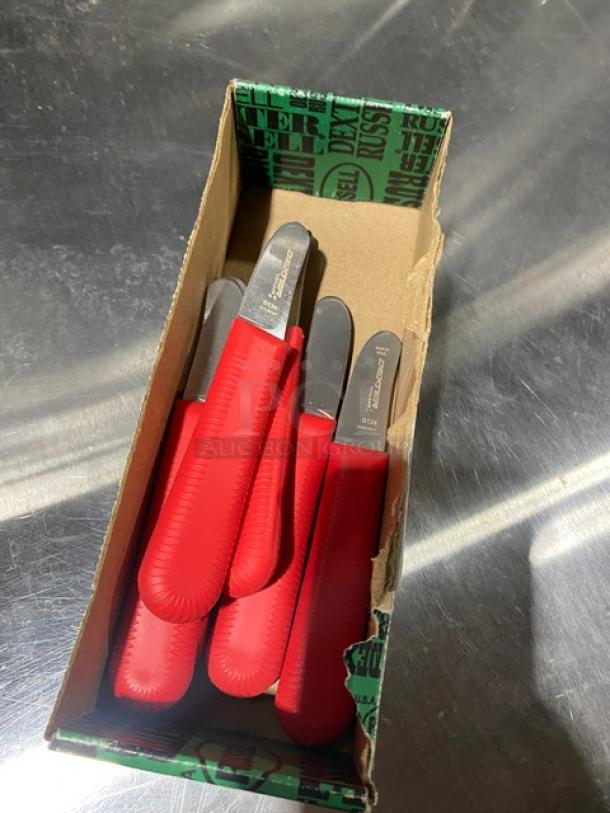 Dexter Russell Sani-Safe Series 2" scallop knives, model S124, with red grip handles. New condition in original packaging.