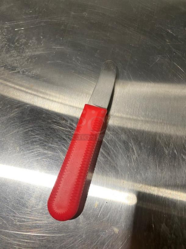 Dexter Russell Sani-Safe S124 steel scallop knife, red grip handle, commercial-grade, new condition.