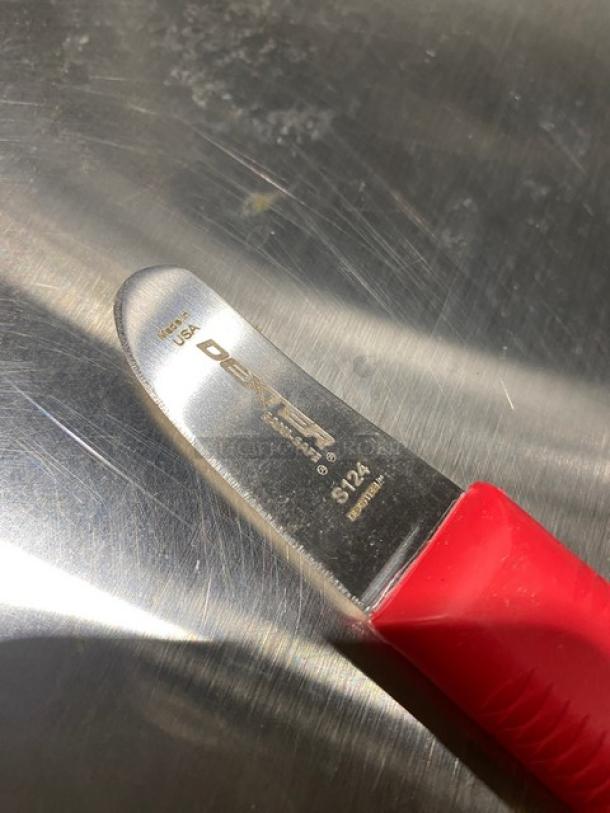NEW Dexter Russell Sani-Safe Series S124 Scallop Knife, 2-inch stainless steel blade, red grip handle, commercial use.