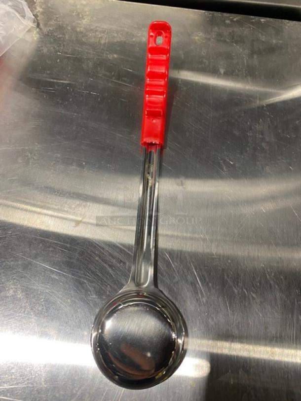 NEW ABC Stainless Steel 2 Oz. Portion Serving Spoon, Model PPG2S, with red grip handle. Pristine condition.
