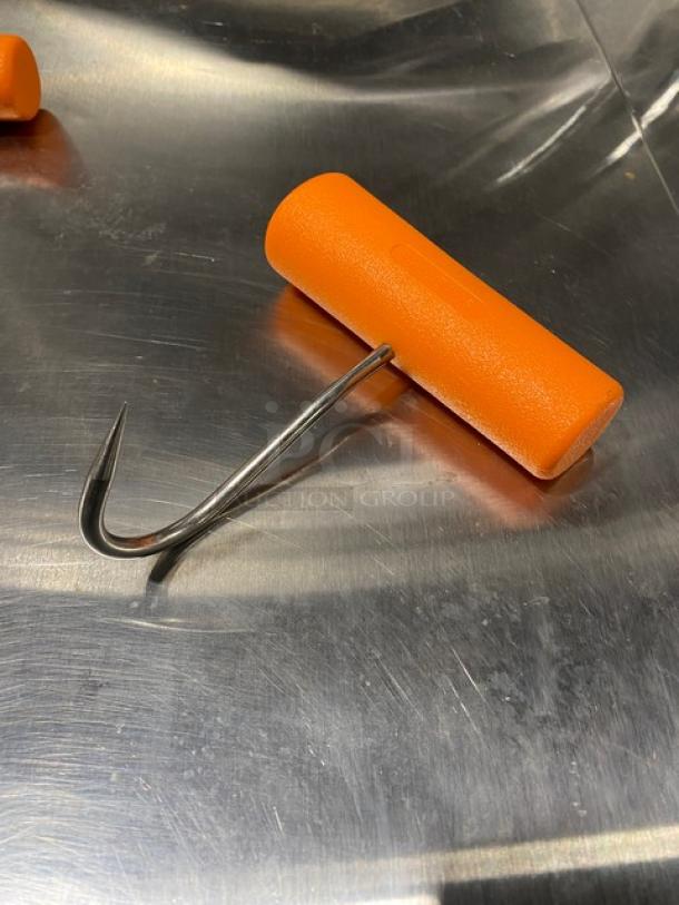 NEW Dexter Russell Barr-Bros stainless steel boning hook with orange grip handle. Offset design, commercial grade, unused.