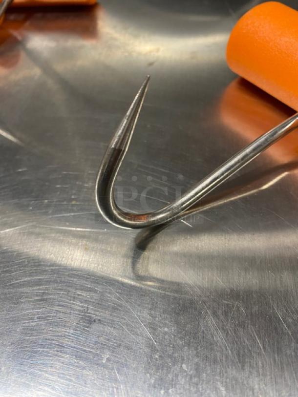 Dexter Russell Barr-Bros stainless steel offset boning hook with orange grip handle, new condition.