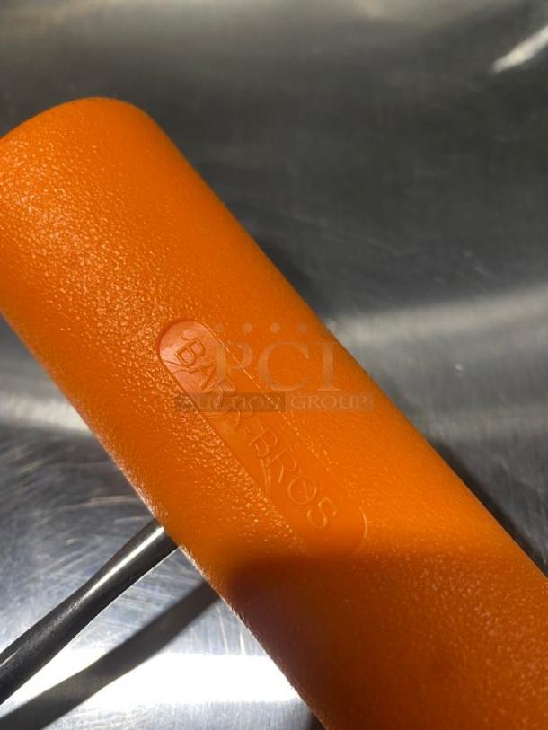 Dexter Russell Barr-Bros offset boning hook, stainless steel with orange grip handle, new condition, "Barr-Bros" marked.