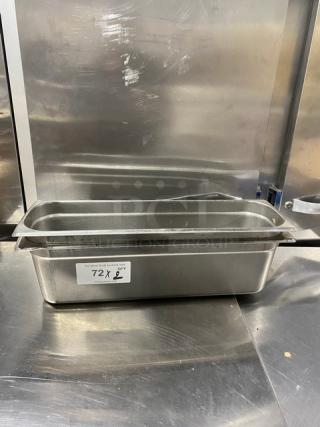 Don commercial stainless steel steamtable pan, excellent condition. Visible label reads "72 X." Durable and versatile.