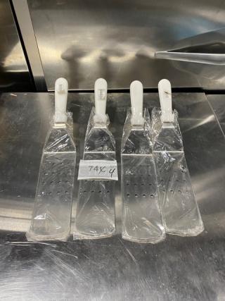 Brand new ABC PFT-10P stainless steel perforated turners with white grip handles, set of four, in packaging, labeled "74GX4".