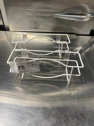 Commercial white wired wall-mount glove box holder, dual-tier design, sturdy frame, excellent condition, auction tag visible.