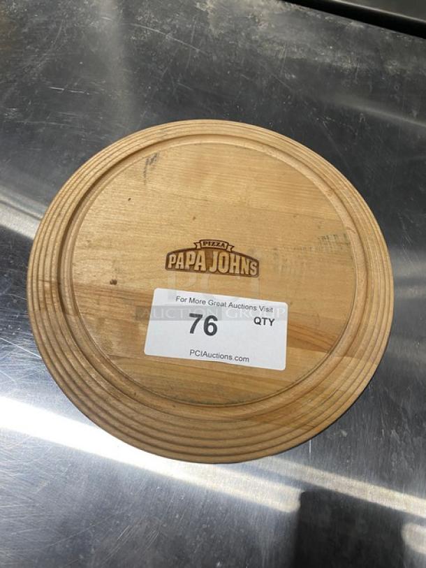 Papa John's style commercial wooden round cheese board with embossed logo and auction tag. Well-used condition.